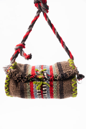 Brown Striped Horn Button Cylinder Bag