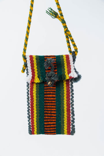 Multicolored Green Striped Ethnic Crossbody Phone Bag with Bells
